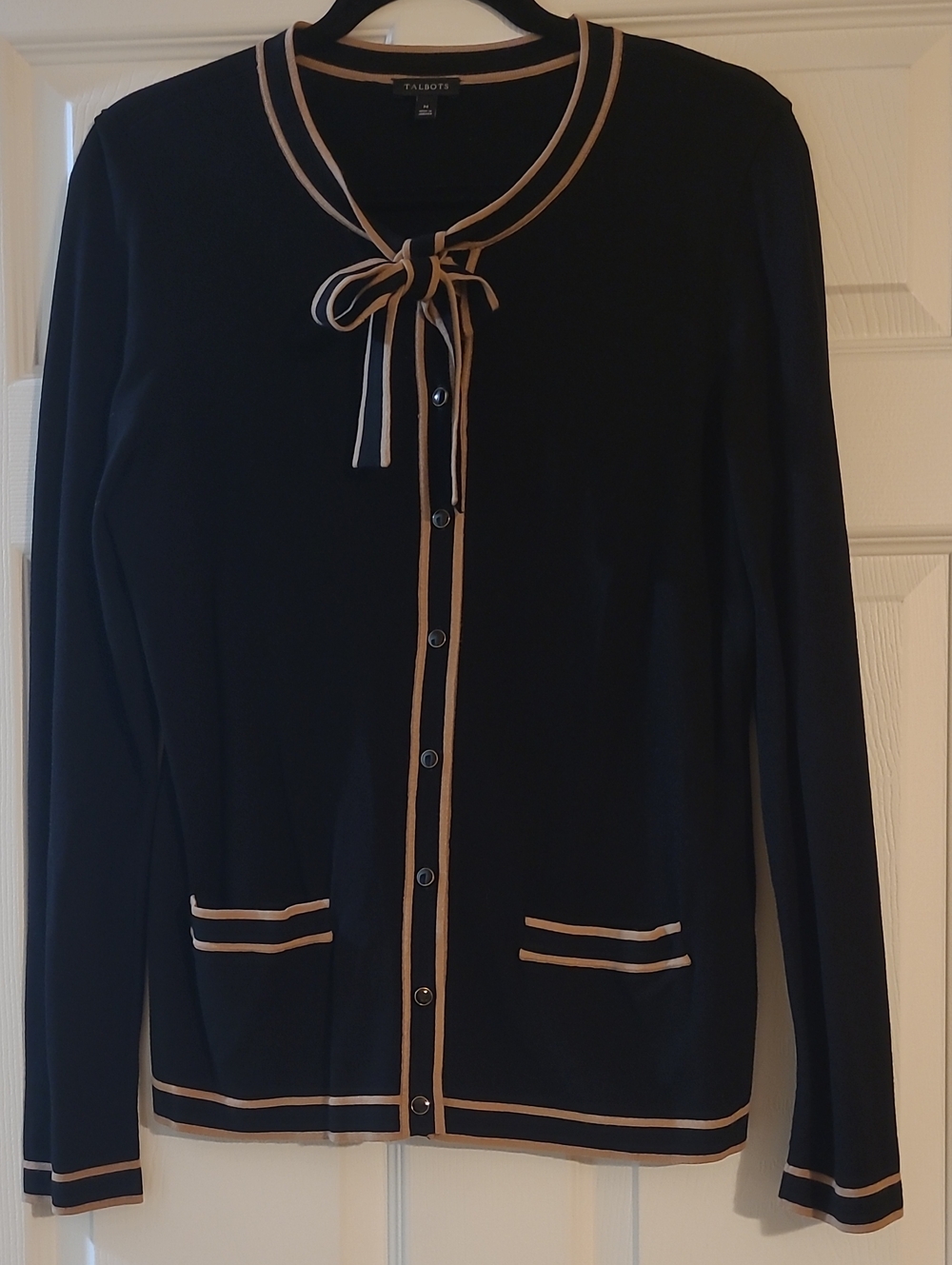 Talbots Black Cardigan with Tan Trim and Tie Neck